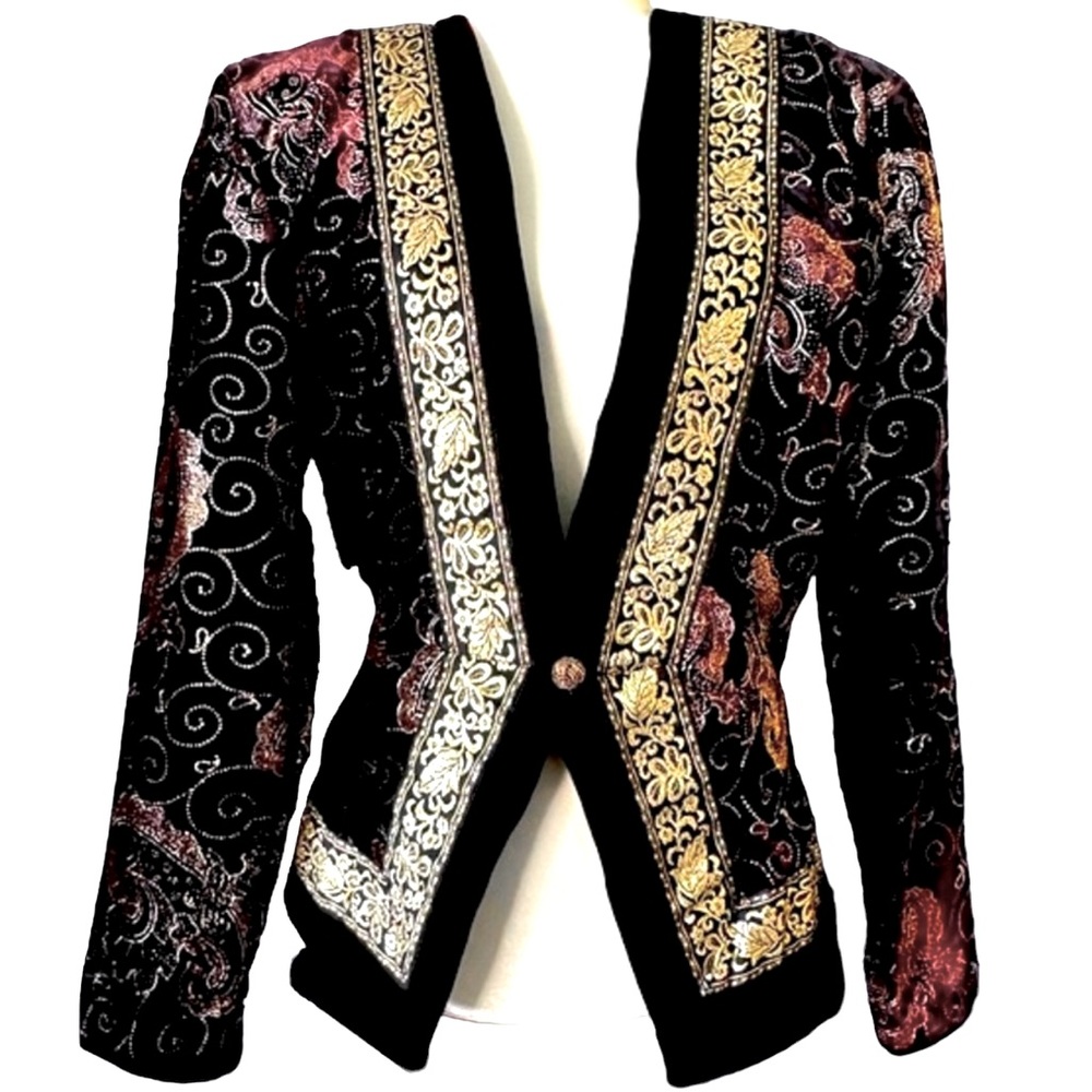 Scott McClintock Vintage Evening Velvet Blazer Jacket Black Gold 10